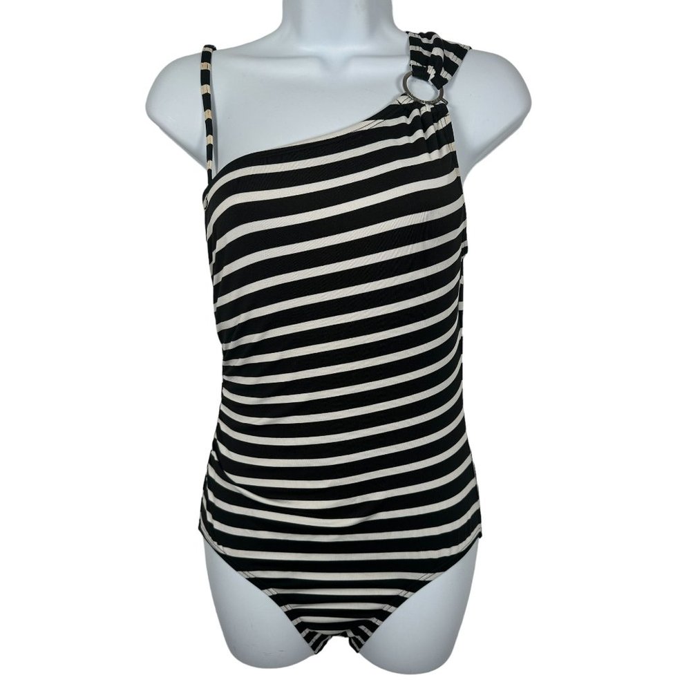 Michael Kors Swimsuit Womens‎ Size 8 One Piece Striped Black White One Shoulder